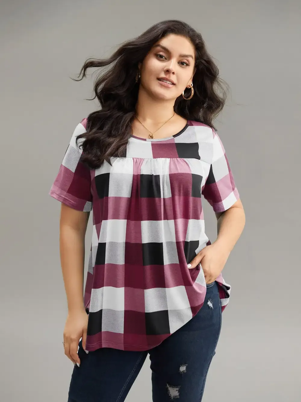 Plaid Round Neck Gathered T-Shirt
