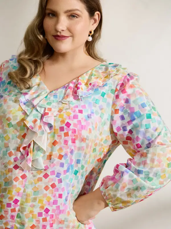 Ruffled Neckline Colorful Geometric Rayon Blouse