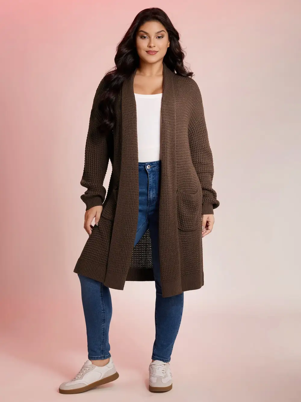 Folded Collar Pockets Slit Knit Cardigan