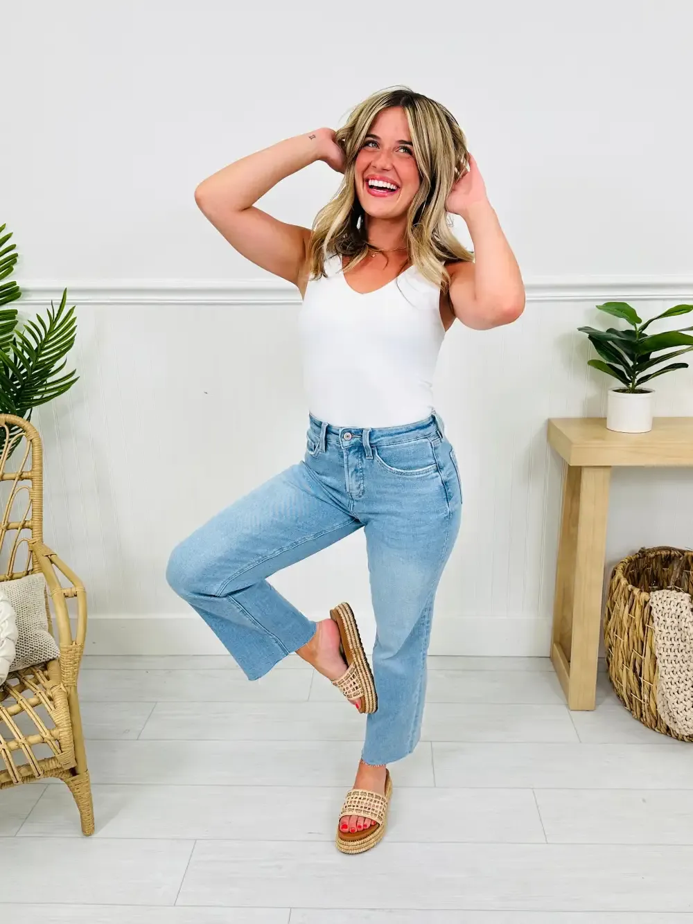 Somewhere Sunny Tummy Control Cropped Slim Fit Wide Leg Jeans