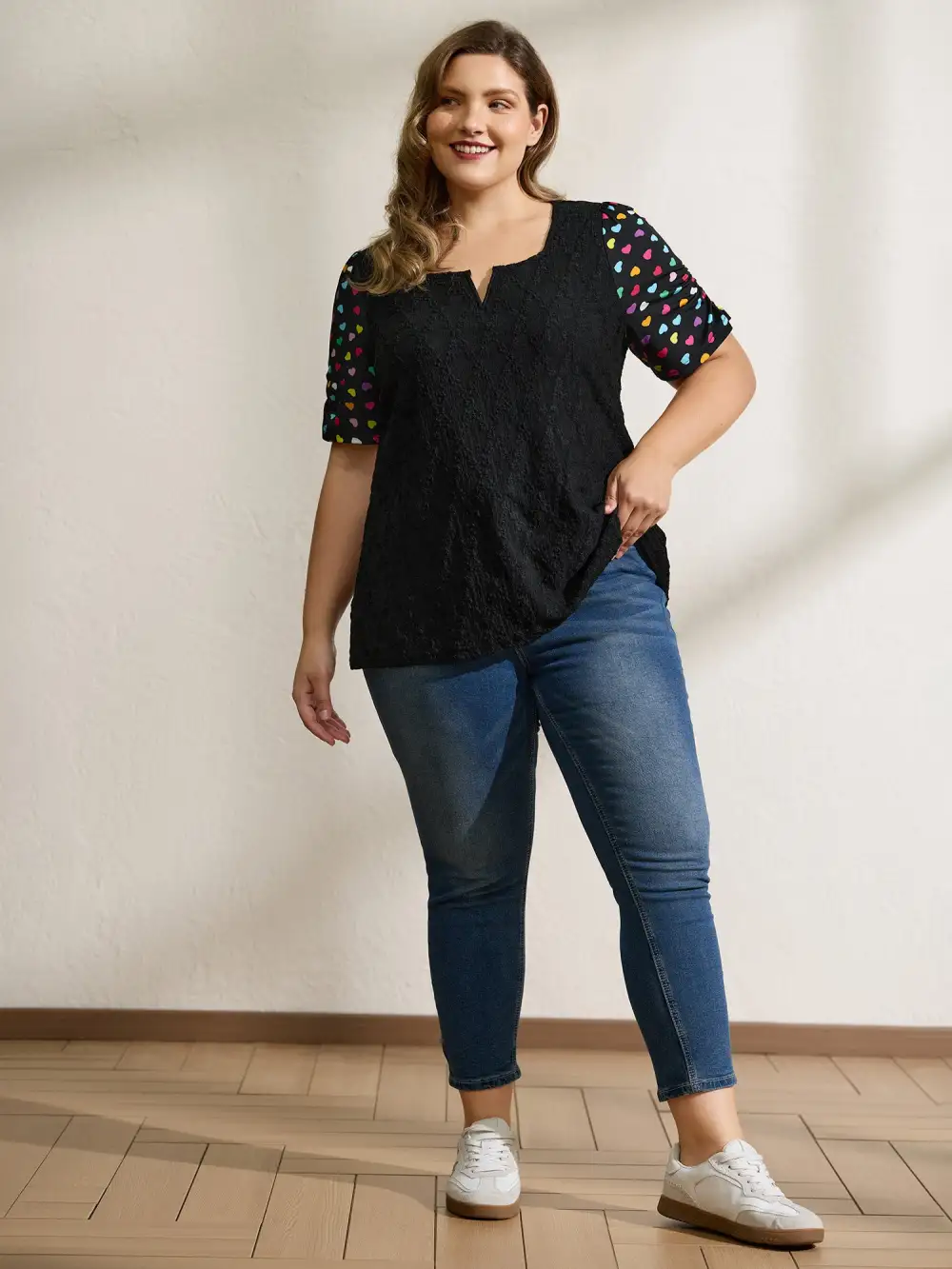 Colorful Hearts Textured Split Neck Knit Top