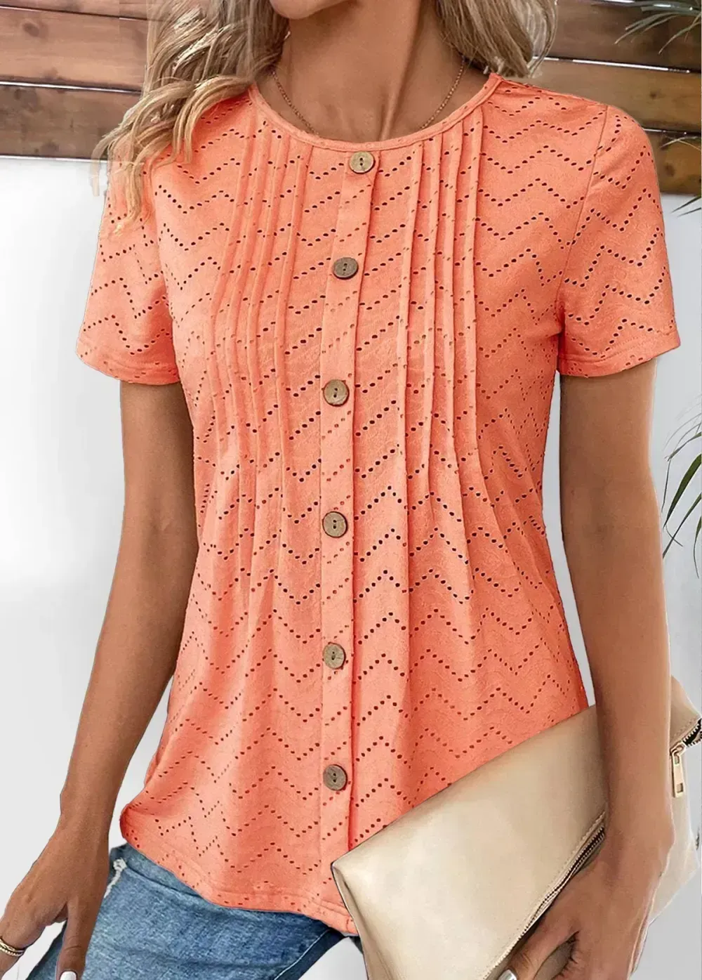 Orange Tuck Stitch Short Sleeve Round Neck T Shirt
