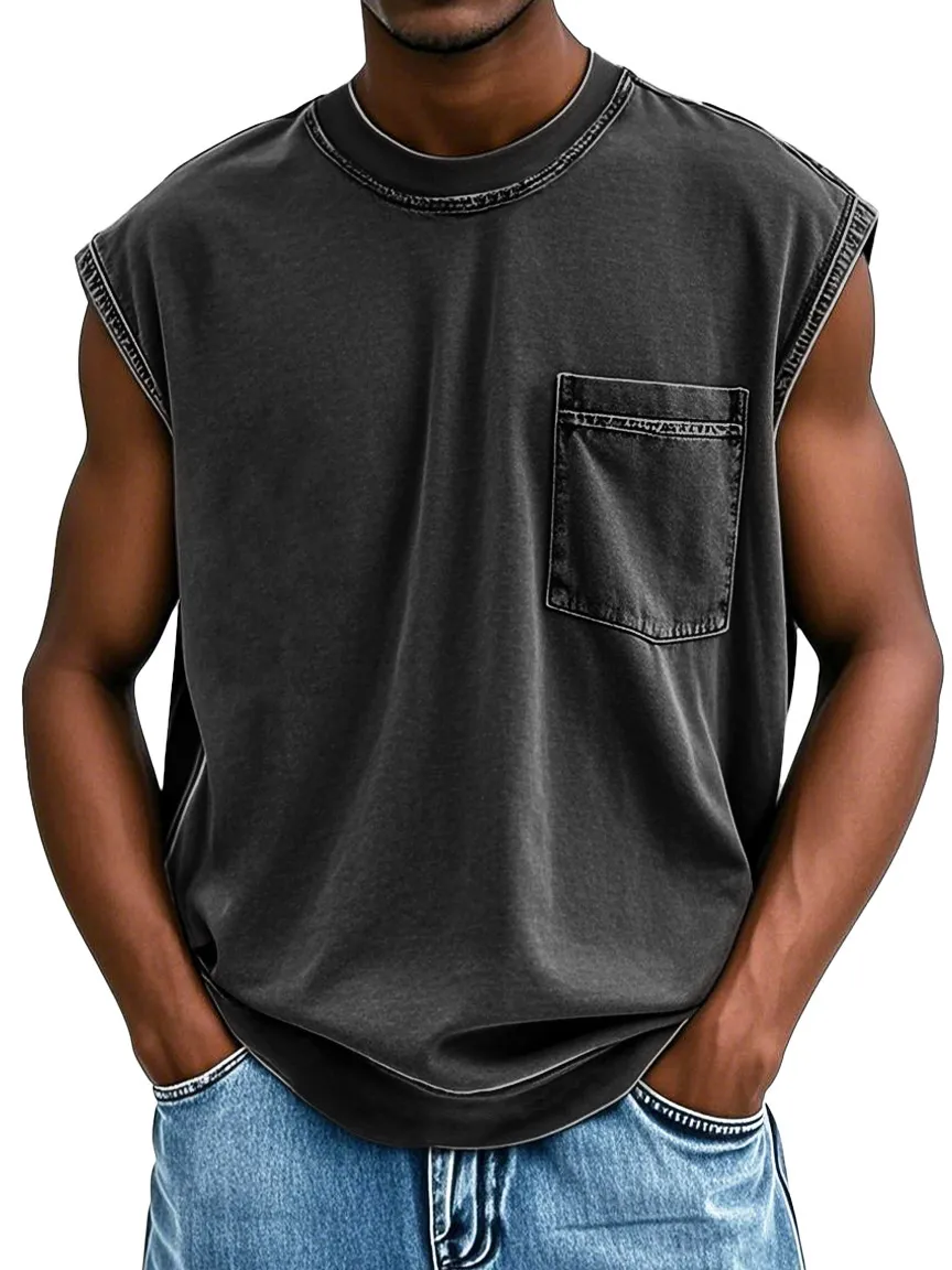 Men's Stylish Retro Distressed Short-sleeved Pocket Sleeveless T-shirt 
