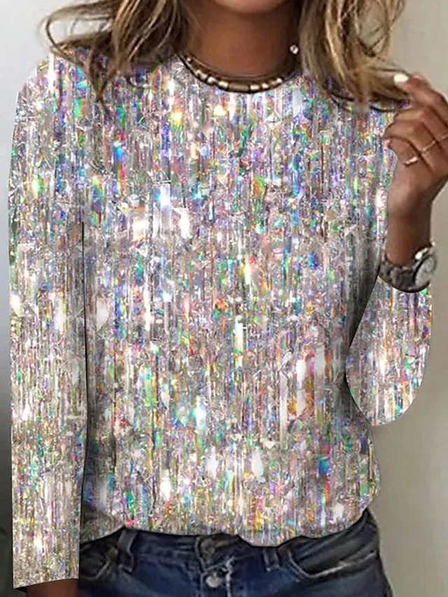 Women's T shirt Tee Silver Light Green Pink Graphic Print Long Sleeve Daily Weekend Fashion Basic Elegant Round Neck Regular Fit Painting Fall & Winter