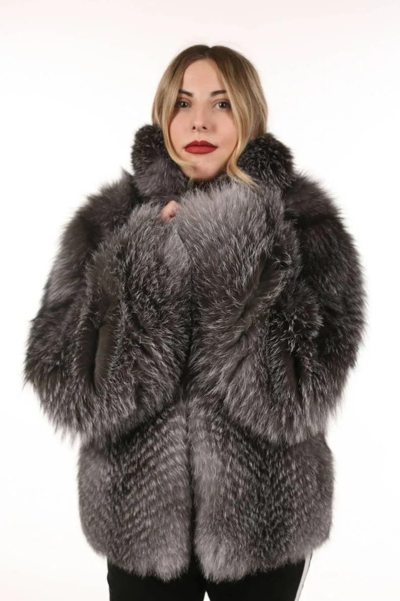 Blue frost Fur Waist Length Jacket