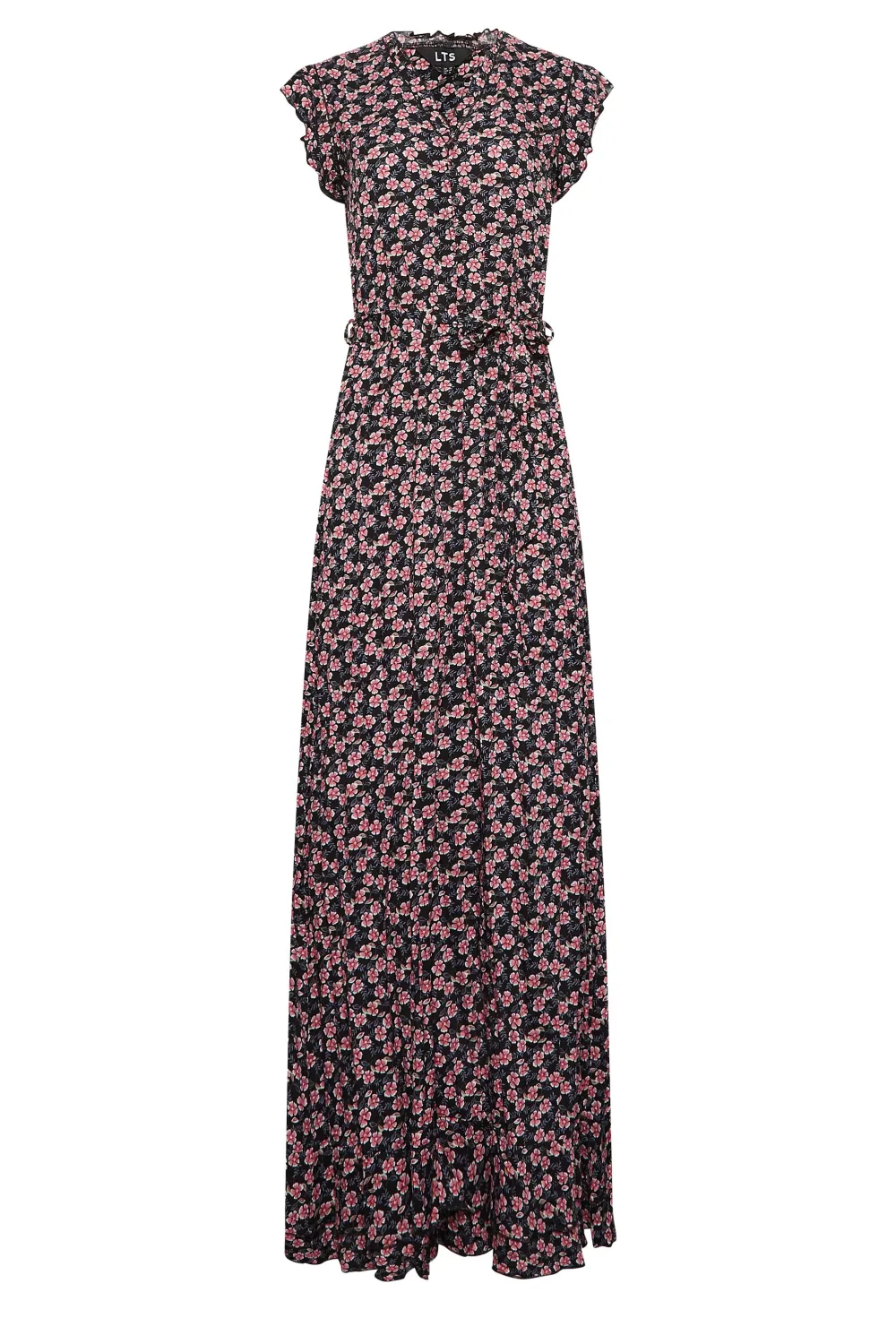 LTS Tall Black Ditsy Floral Frill Maxi Dress