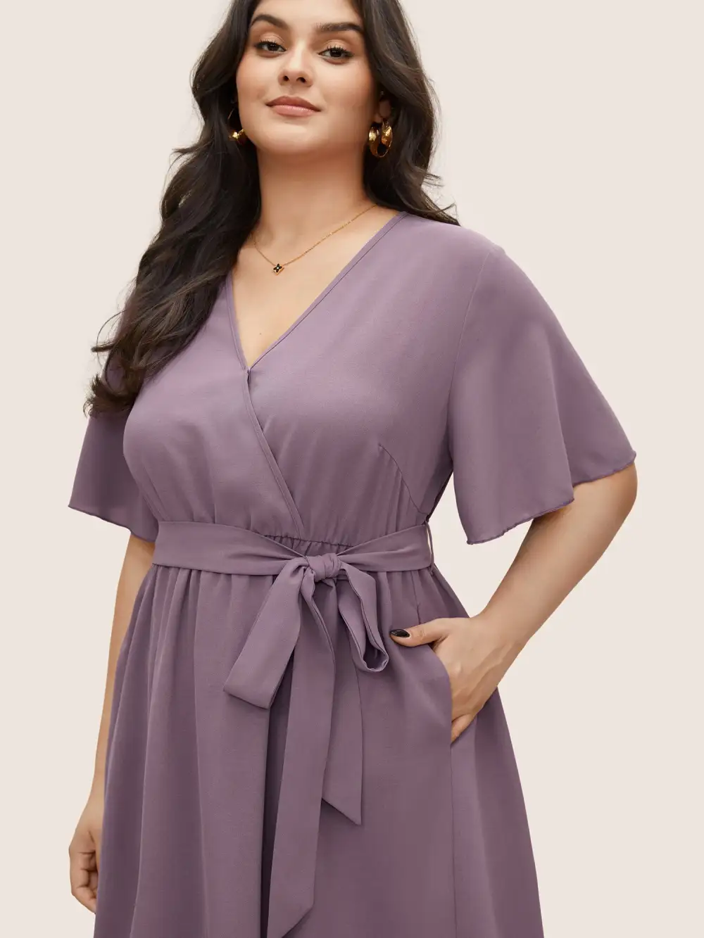 Bloom Dress - Solid Tie Surplice Ruffle High Low Dress