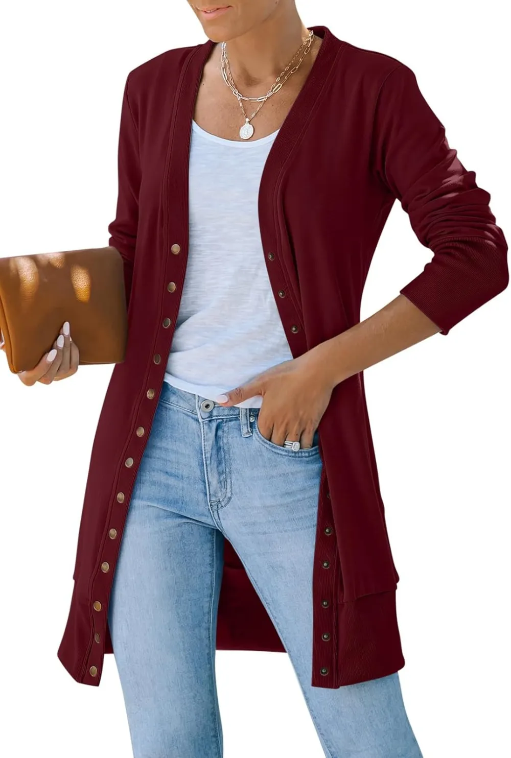 Women's 2024 Fall Long Sleeve Snap Button Down Solid Color Knit Ribbed Neckline Cardigans