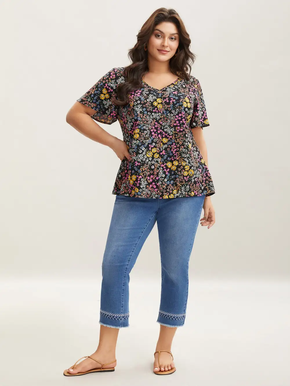 Floral Print V-Neck Flowy Blouse