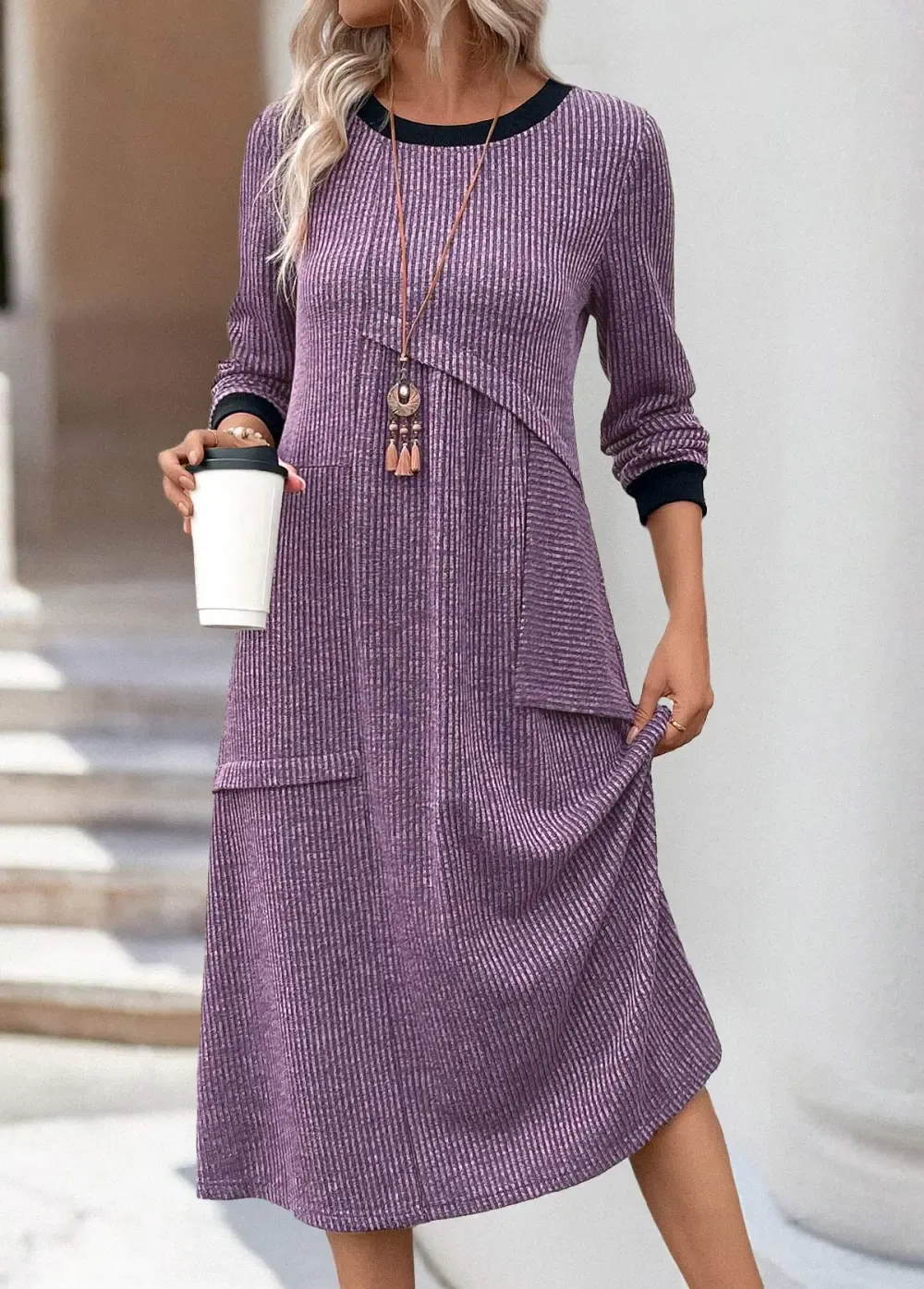 Dusty Purple Patchwork A Line Long Sleeve Dress