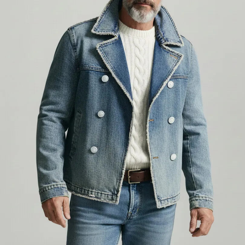 Men's Blue Lapel Collar Double Breasted Long Sleeve Pocket Frayed Trim Denim Jacket