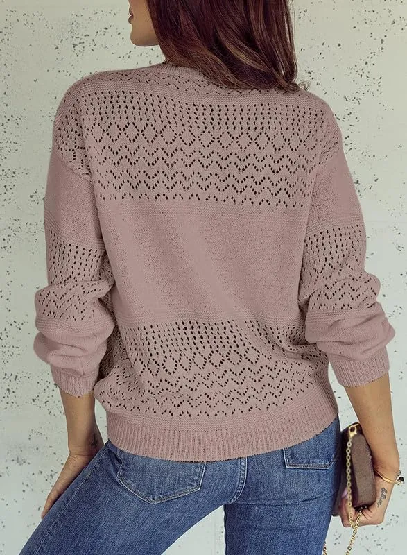 Womens Sweaters Casual Long Sleeve V Neck Lightweight Crochet Pullover Sweater Tops