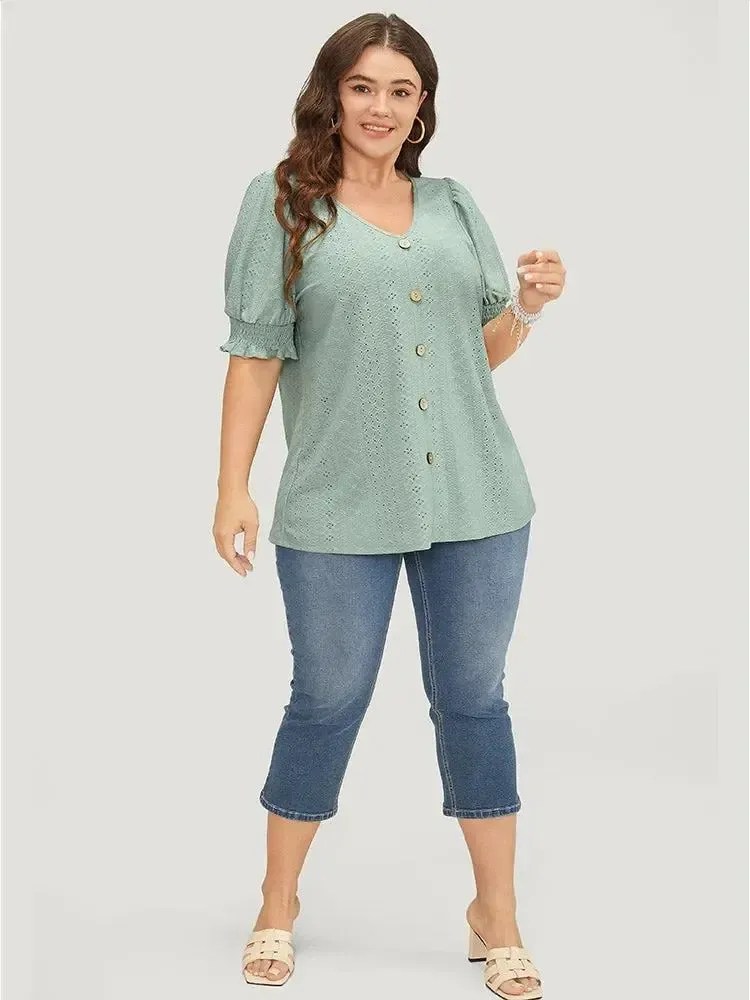 Plain Broderie Anglaise Shirred Puff Sleeve Button Detail T-shirt