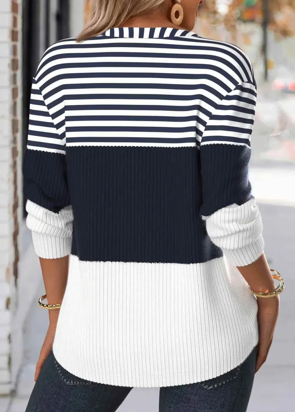 Navy Button Striped Long Sleeve Split Neck Sweatshirt