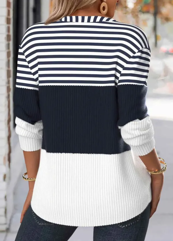 Navy Button Striped Long Sleeve Split Neck Sweatshirt