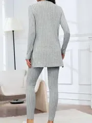 Stylish Spring/Fall Ribbed Knit Ensemble - Durable Casual Top with Dipped Hem & Slim-Fit Pants