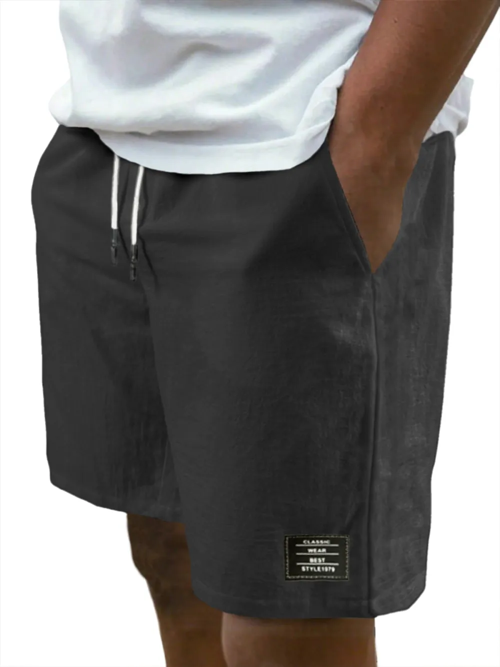Men's Breathable Linen Beach Lace-Up Everyday Shorts with Simple Embroidered Label