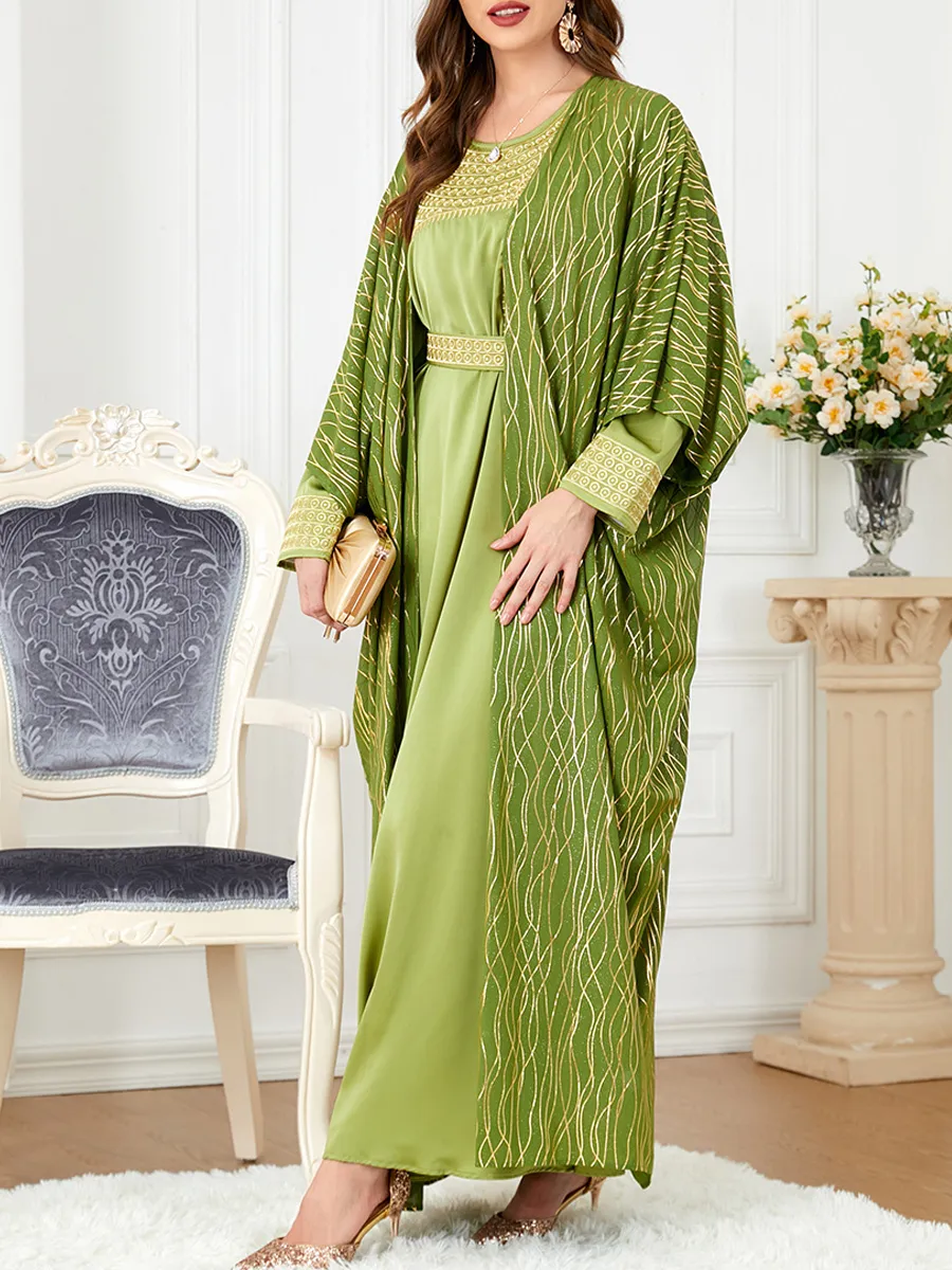 Round neck embroidery and gold stamping long sleeved dress cardigan two-piece set