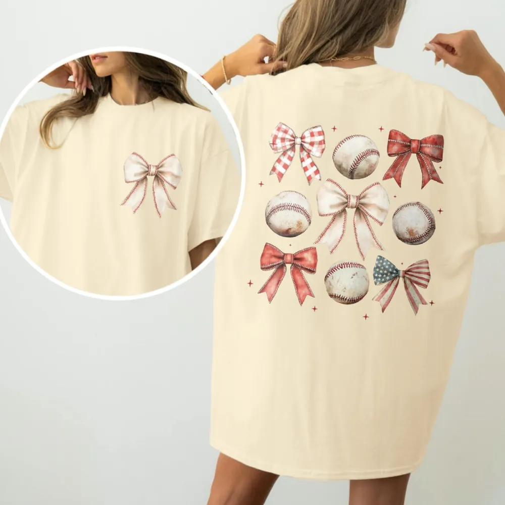 Combination Of 4 Baseballs And 5 Different Bows, One Of Which Features An American Flag, For A Casual T-Shirt.