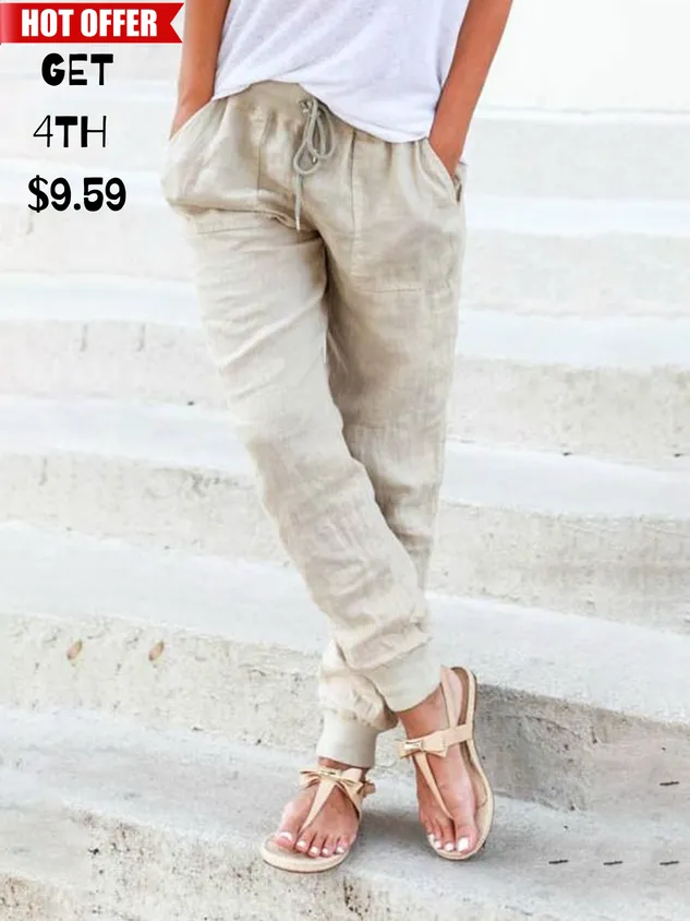 Solid Drawstring Casual Cotton Linen Pant