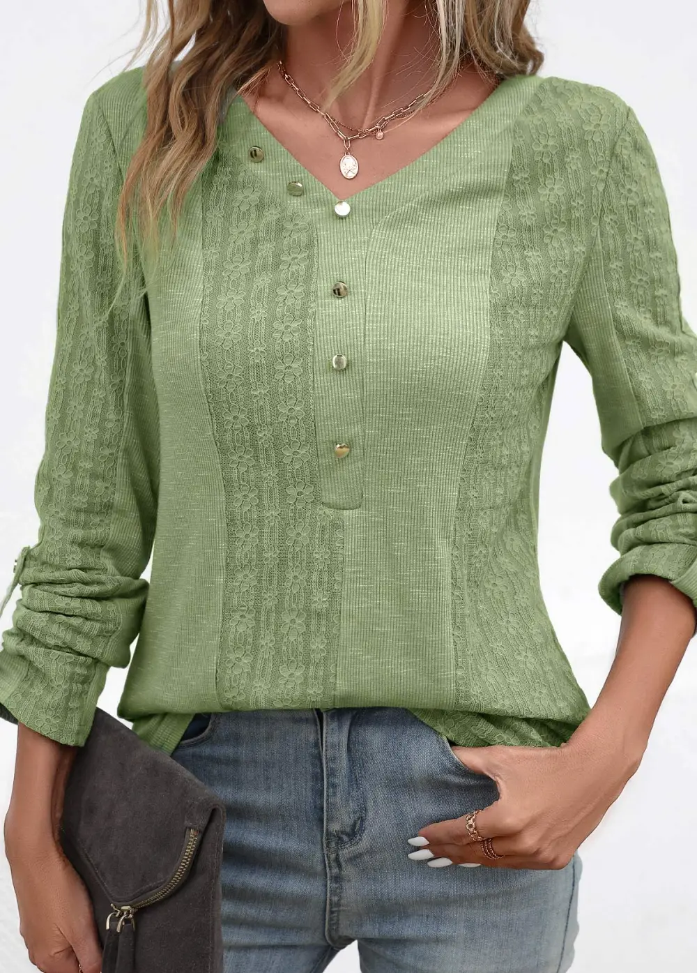Sage Green Patchwork Long Sleeve V Neck Blouse