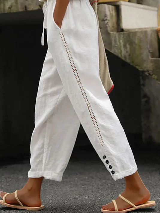 Casual Plain Lace Mesh Side Solid Drawstring Cotton Pant