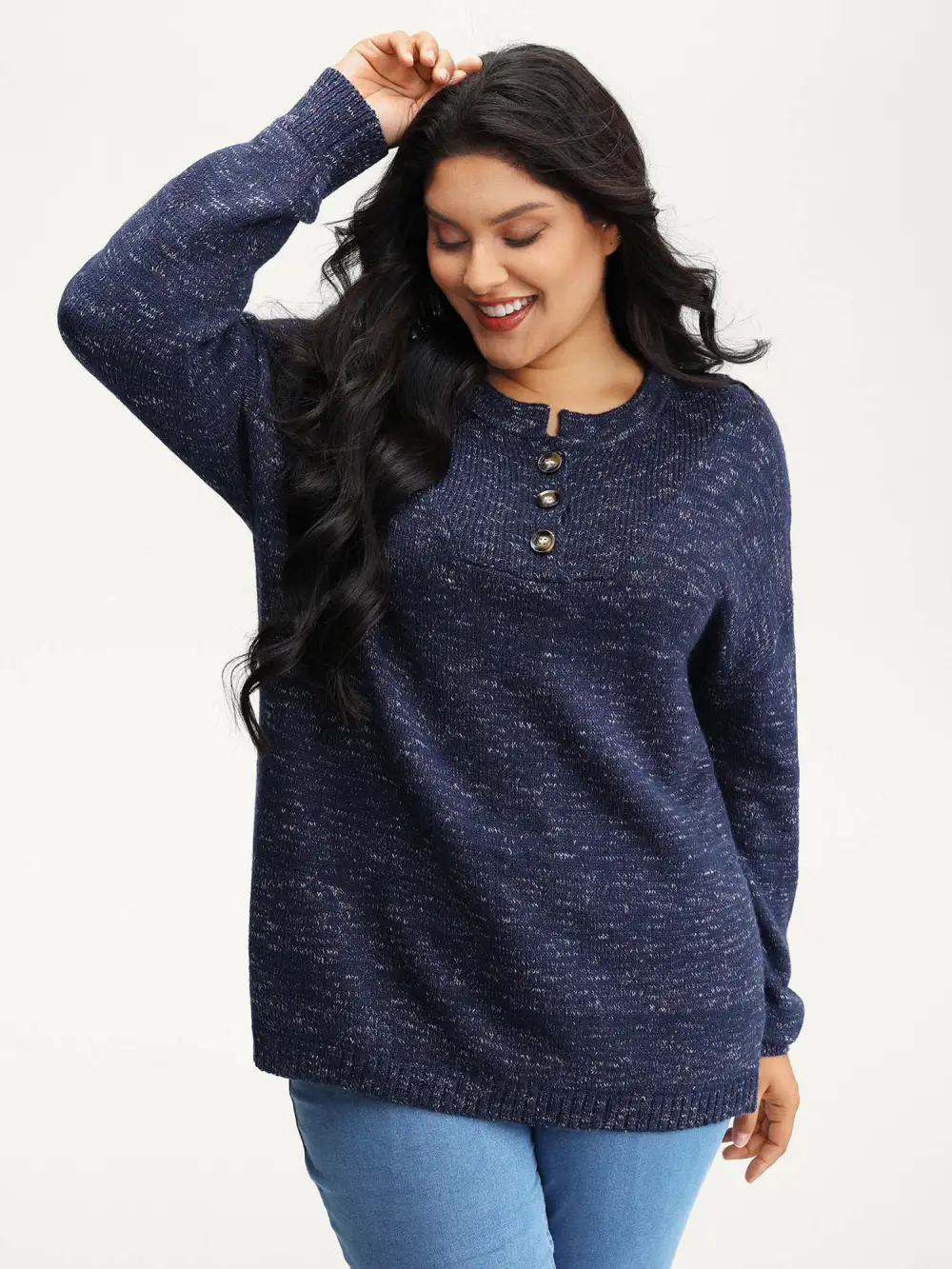 Heather Textured Button Neck Pullover