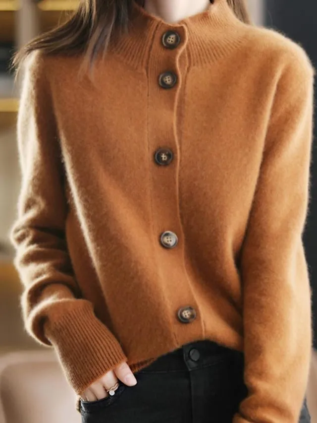 Women's Cardigan Sweater Stand Collar Knit Button Knitted Fall Winter Outdoor Home Daily Stylish Basic Casual Long Sleeve Pure Color Camel Brown