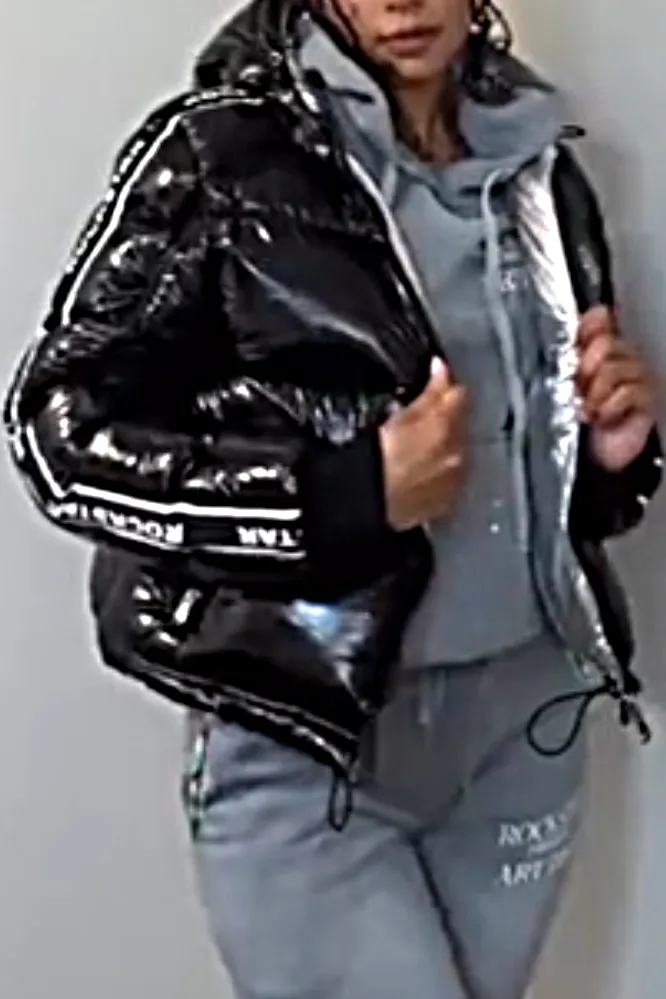 Women's patent leather glossy hooded down jacket