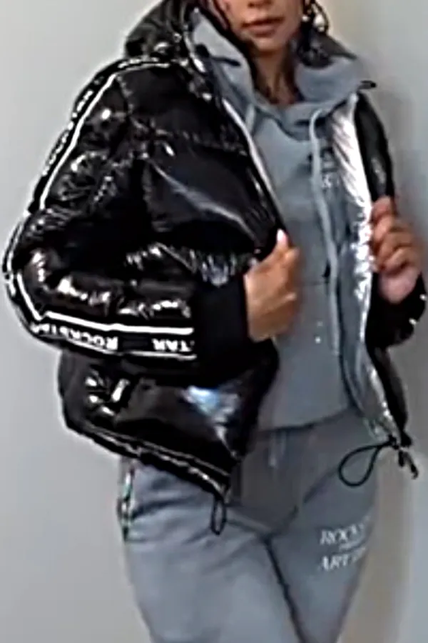 Women's patent leather glossy hooded down jacket