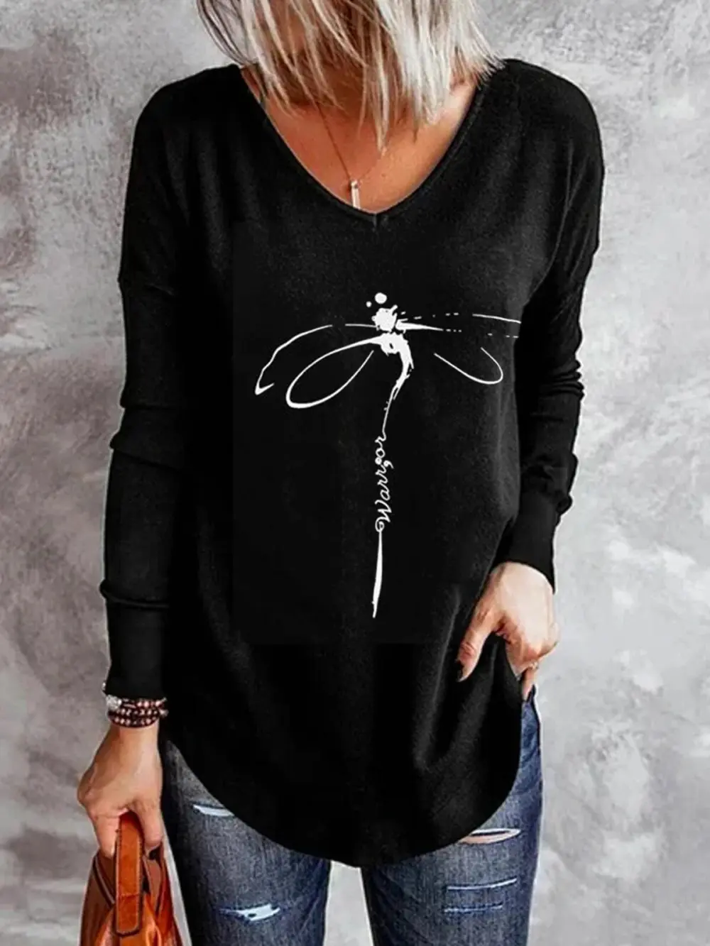 Women's T-Shirts V-Neck Dragonfly Print Long Sleeve T-Shirt（⚡Clearance Sale）