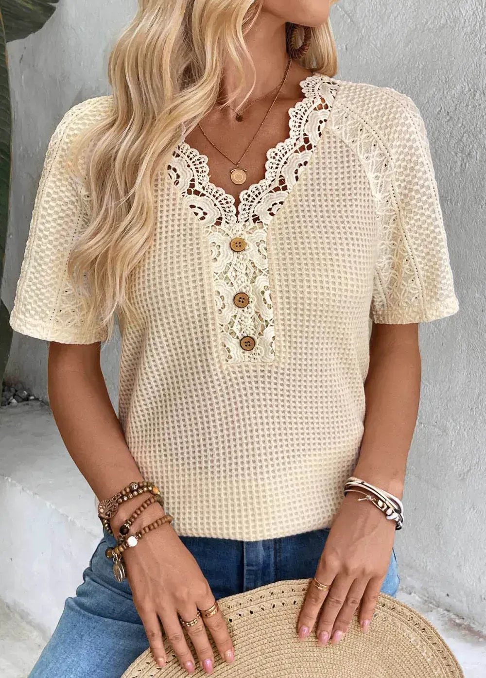 Light Camel Short Sleeve V Neck T Shirt