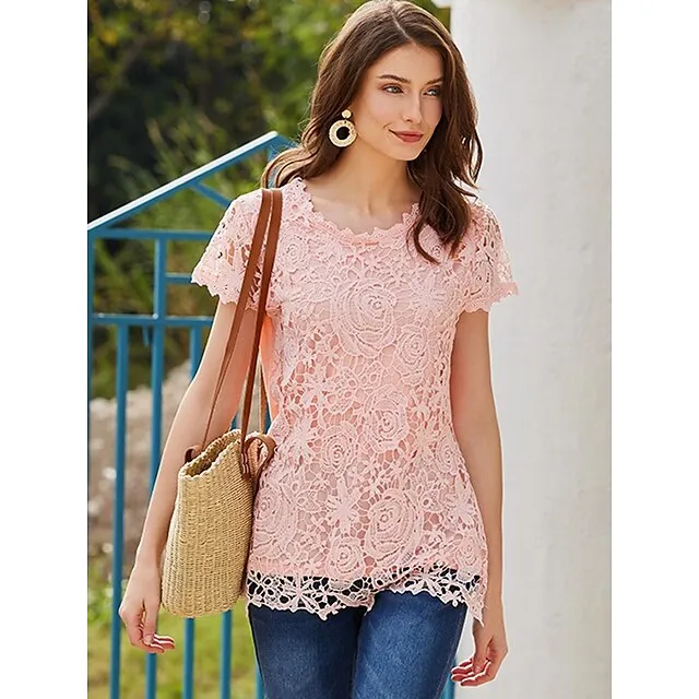 Women's Going Out Tops Blouse Cotton Plain Casual Lace