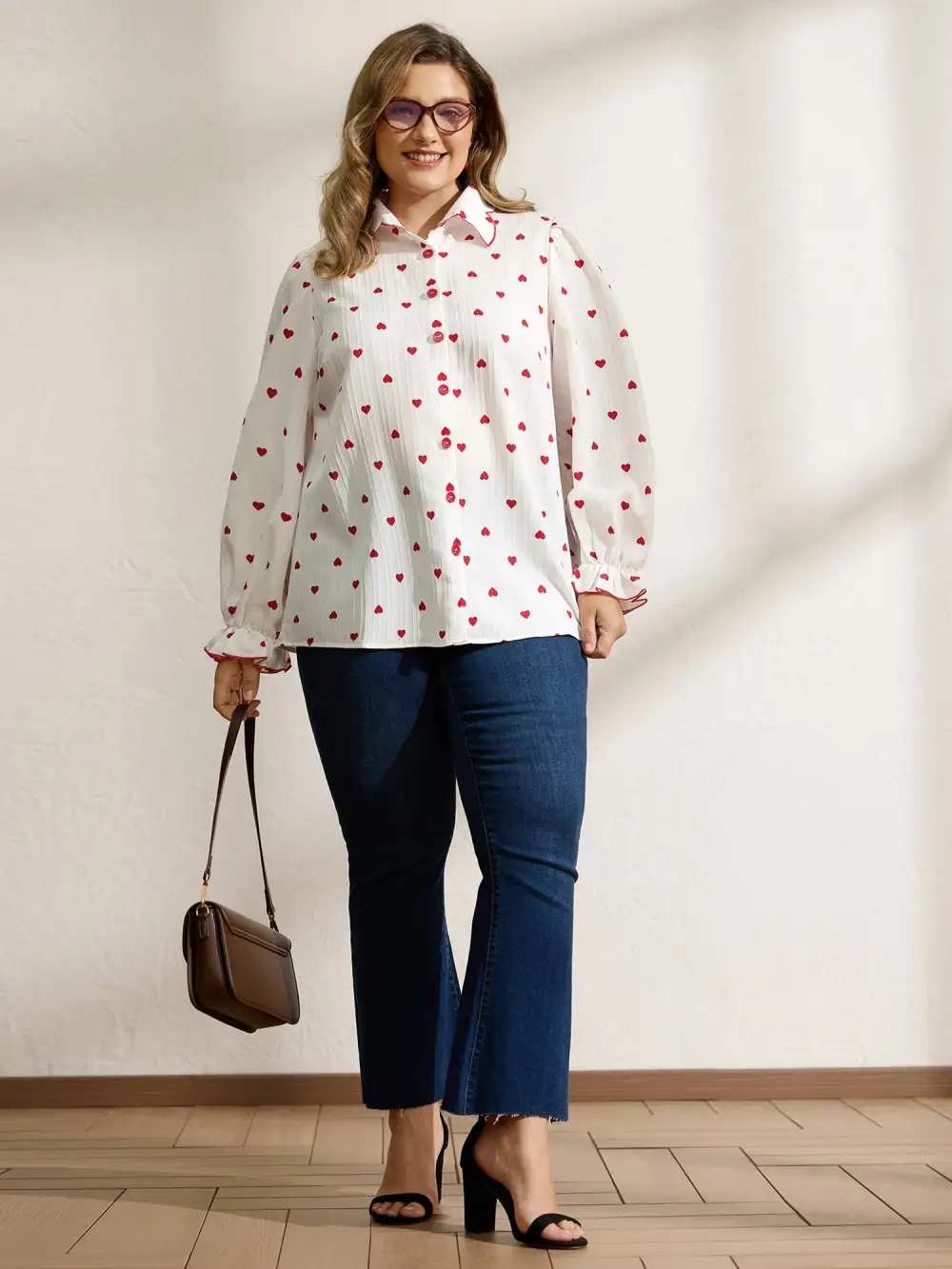 Textured Heart Embroidered Collar Blouse