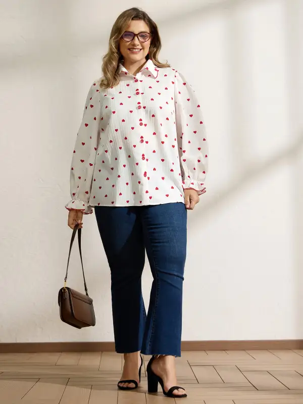 Textured Heart Embroidered Collar Blouse