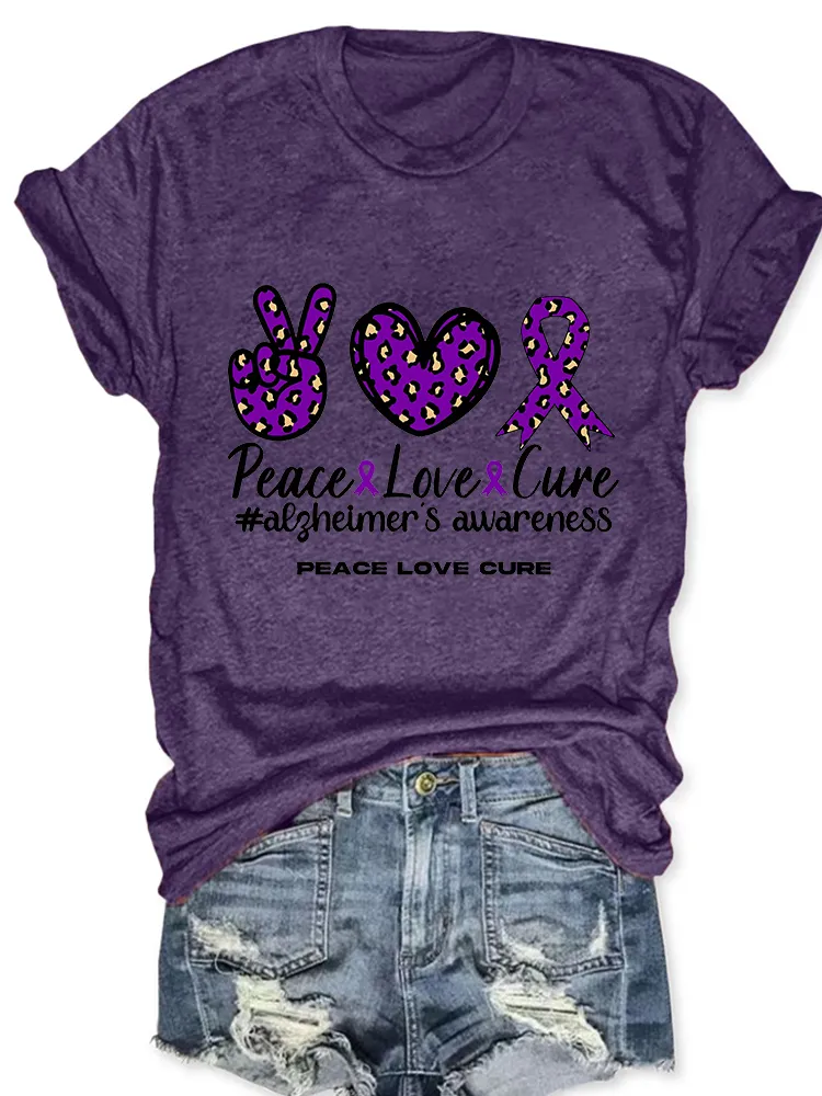 Women'S Peace Love Cure Alzheimer'S Awareness Round-Neck T-Shirt