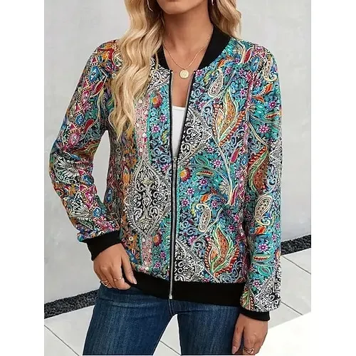 Women's Casual Jacket Comfortable Zipper Fashion Daily Modern Floral School Outdoor Vacation Home Regular Baseball Collar Regular Fit Long Sleeve Outerwear White Spring Fall