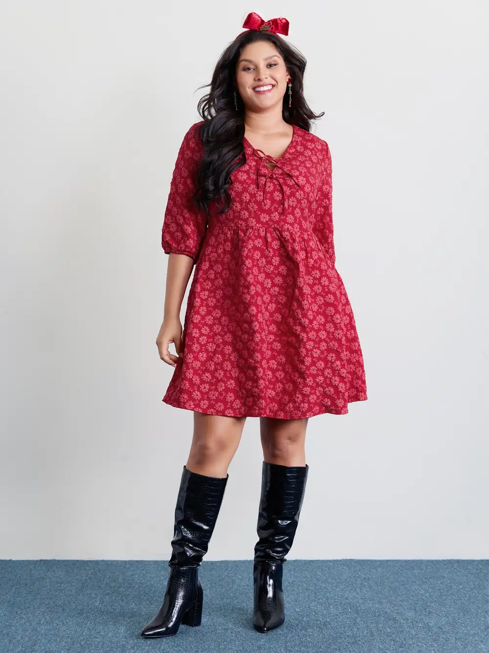 Bowknot Jacquard Stretchy Waist Knee-Length Dress