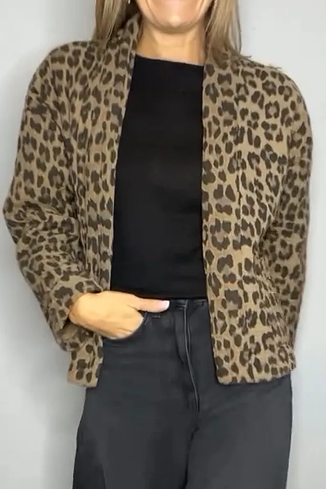 Women's leopard print jacket and solid color wide leg pants
