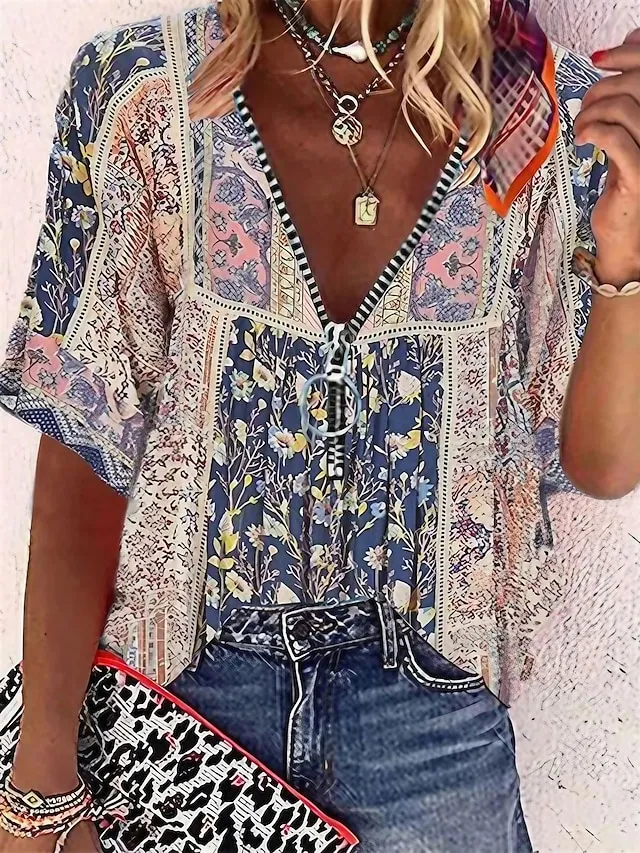 Women's Shirt Blouse Tunic Pink Floral Bohemian Zipper Flowing tunic Half Sleeve Daily Holiday Boho Streetwear Casual V Neck Regular Floral Boho S