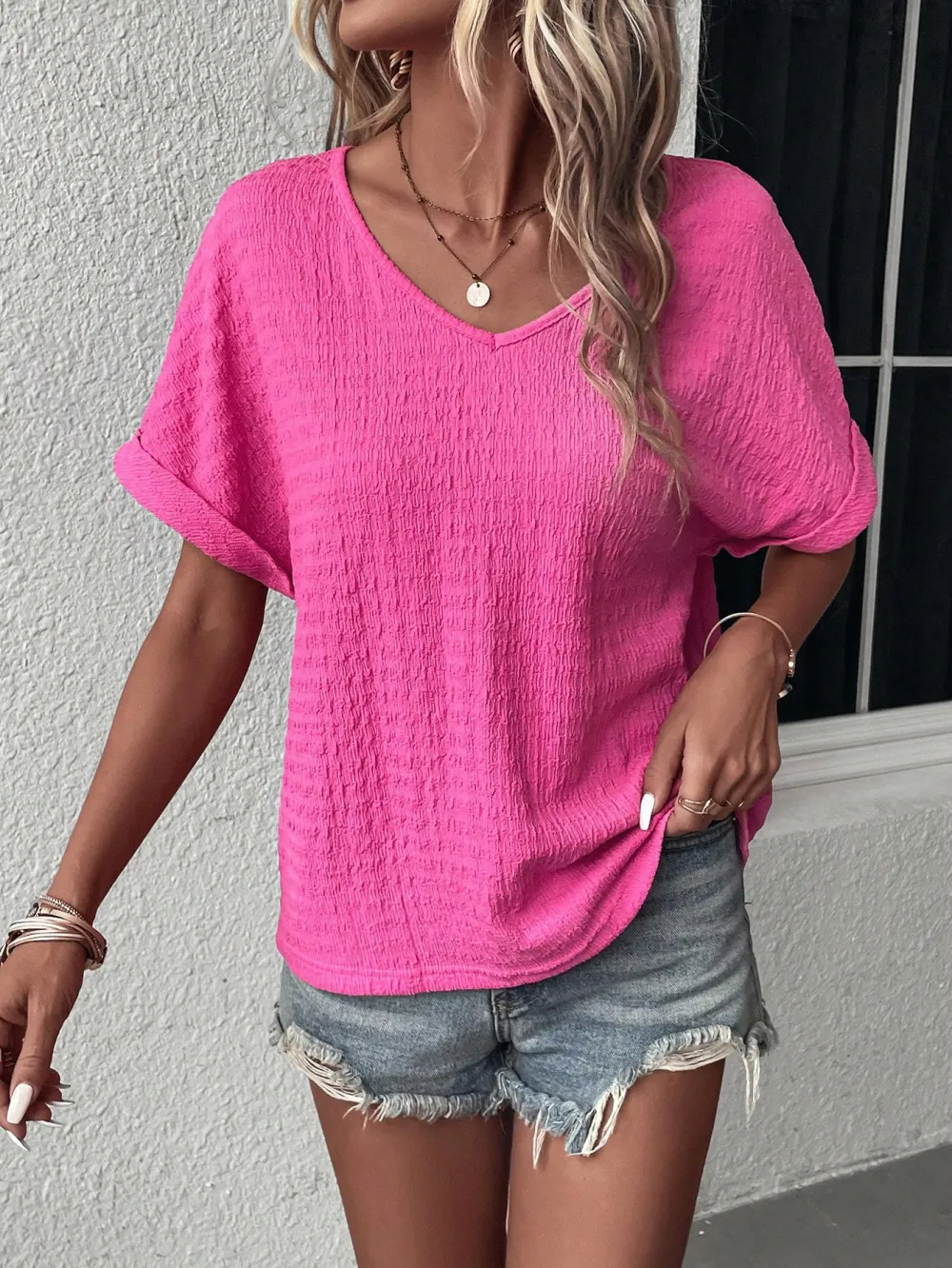 Solid Batwing Sleeve V Neck Blouse