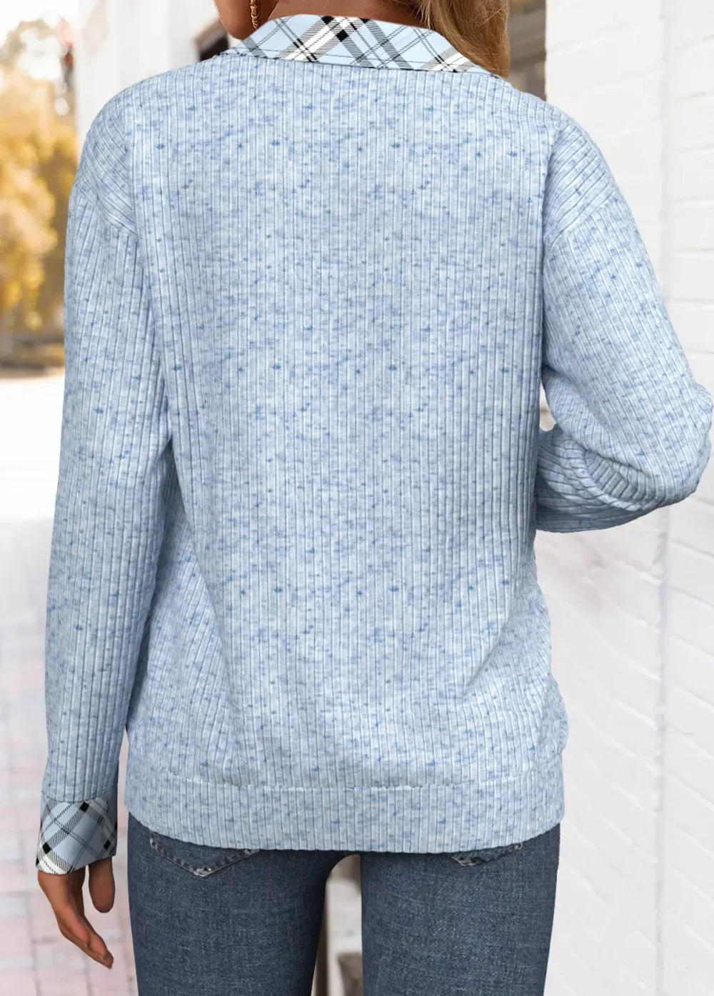 Light Blue Plaid Long Sleeve Turn Down Collar Sweatshirt