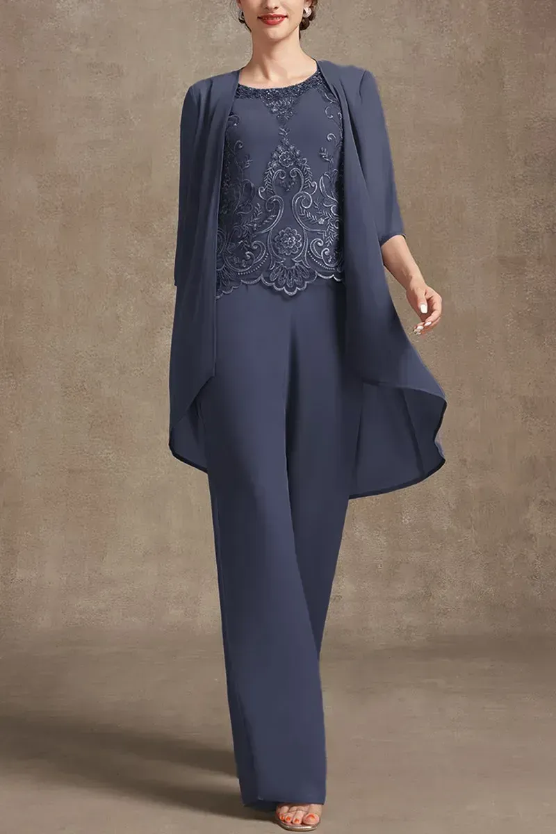 Plus Size Embroidery Chiffon Three Pieces Set Pant Suits