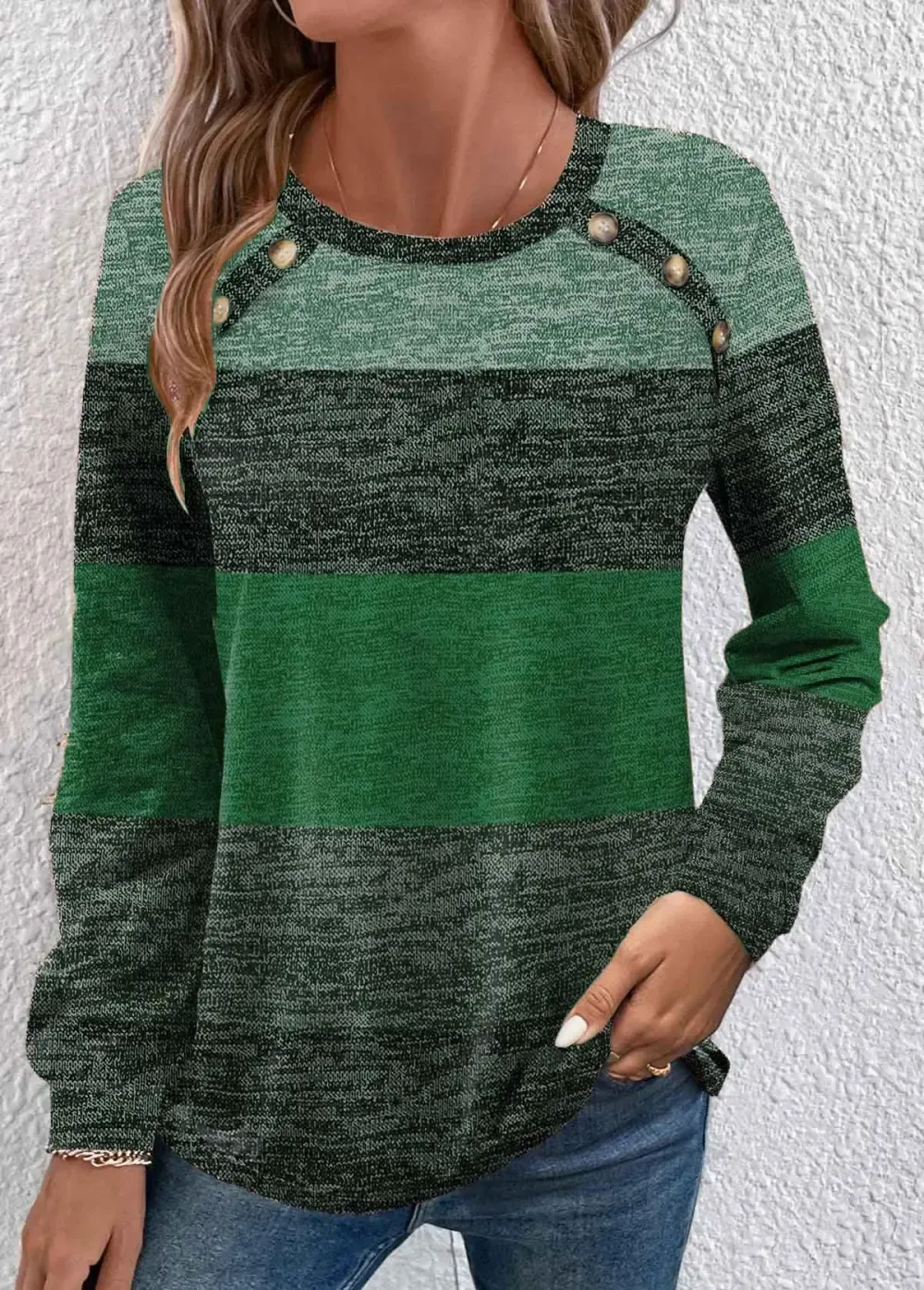 Green Button Long Sleeve Round Neck T Shirt