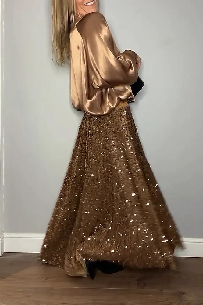 Women's fashion satin top and sequined skirt two-piece set