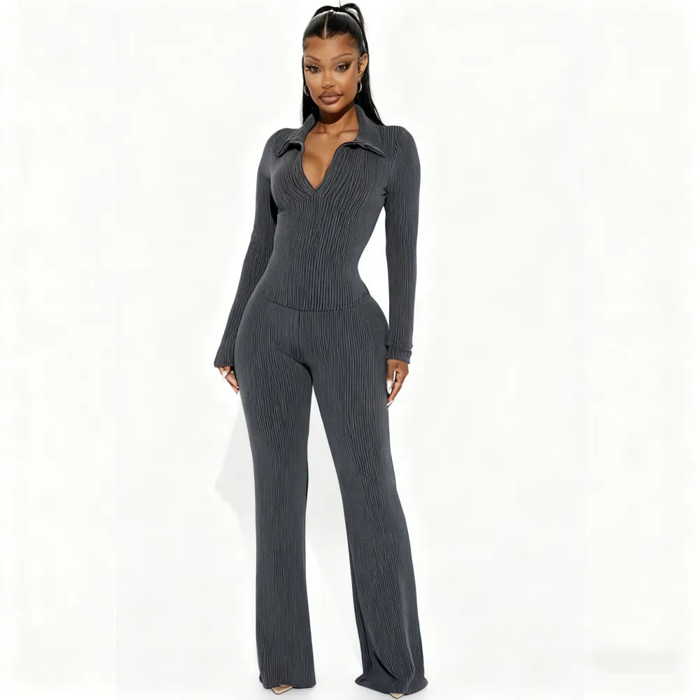 Ribbed Knit Collared Deep V Slim-Fit Set - Fashion Two-Piece with Flared Pants