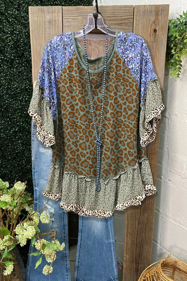 Vintage Floral Leopard Print Ruffled Top
