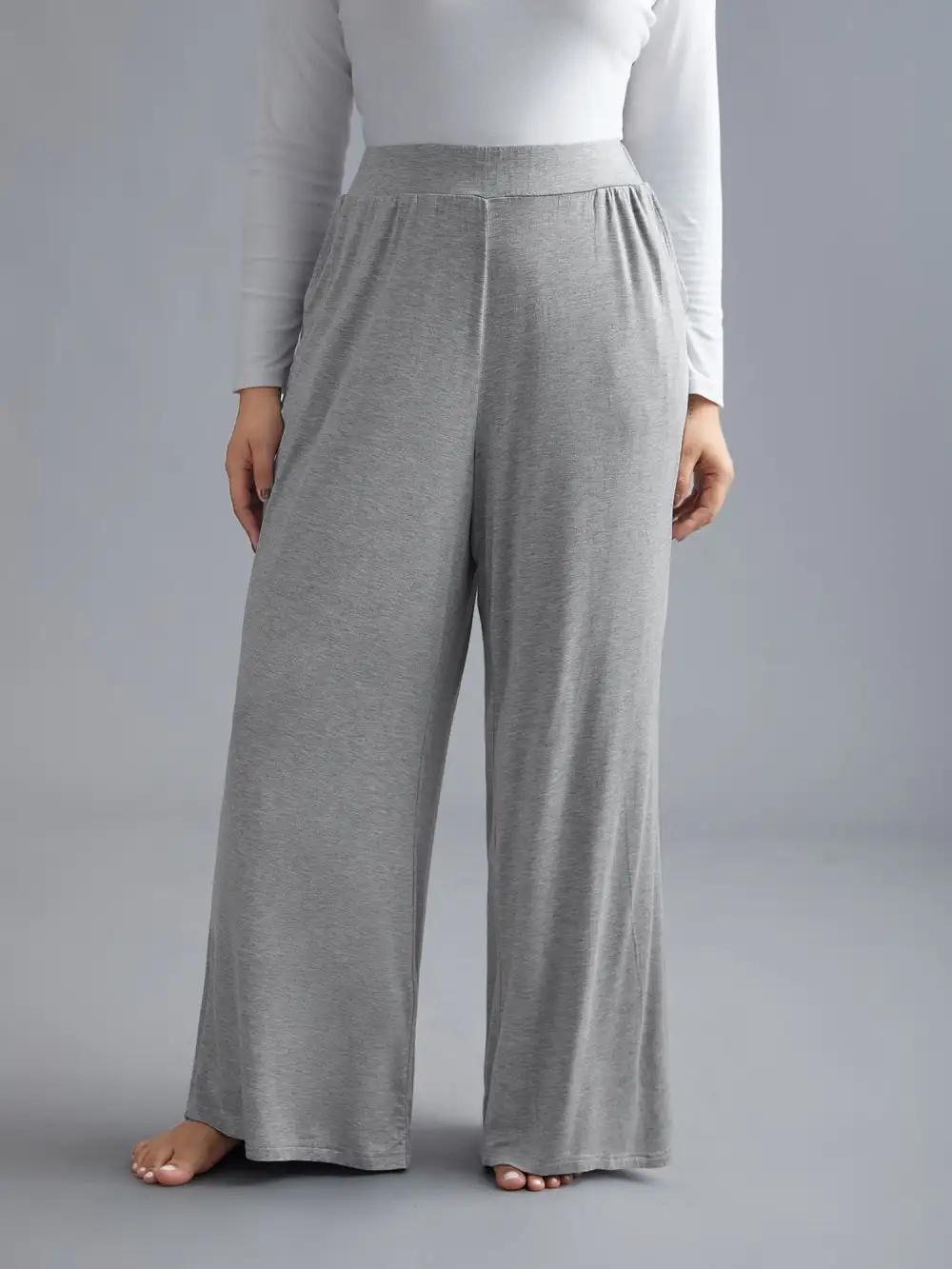 Solid Elastic Waist Wide Leg Lounge Bottoms