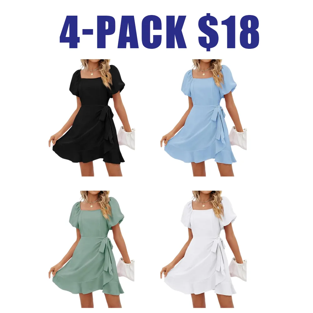 Womens Summer Dresses Square Neck Puff Sleeve Tie Waist Short Dress