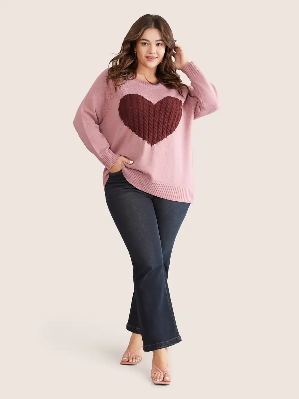 Heart Cable Knit Two Tone Raglan Sleeve Pullover